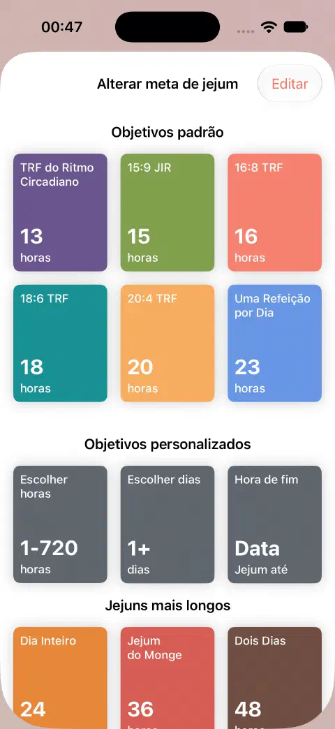 Alterar meta de jejum com durações padrão e controlos Escolher horas, Escolher dias e Hora de fim.