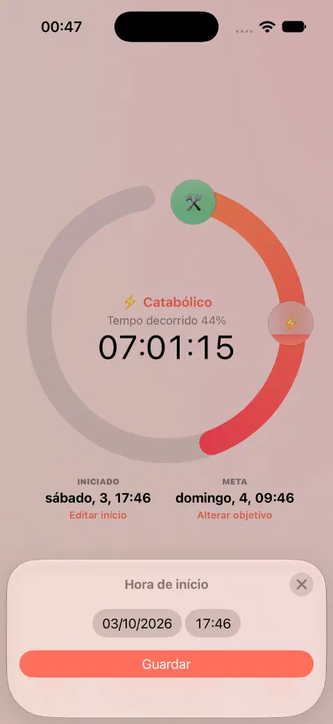 Temporizador de jejum ativo com editor de início, controlo de data e hora e botão Guardar.