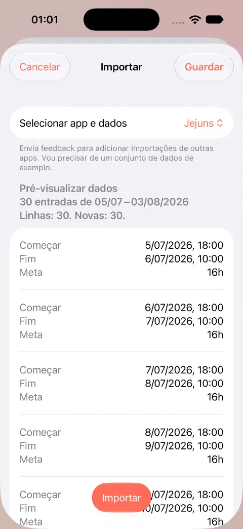 Pré-visualização de importação CSV do Fasty com 30 linhas, 30 novas entradas e valores de início, fim e objetivo dos primeiros registos antes de guardar.
