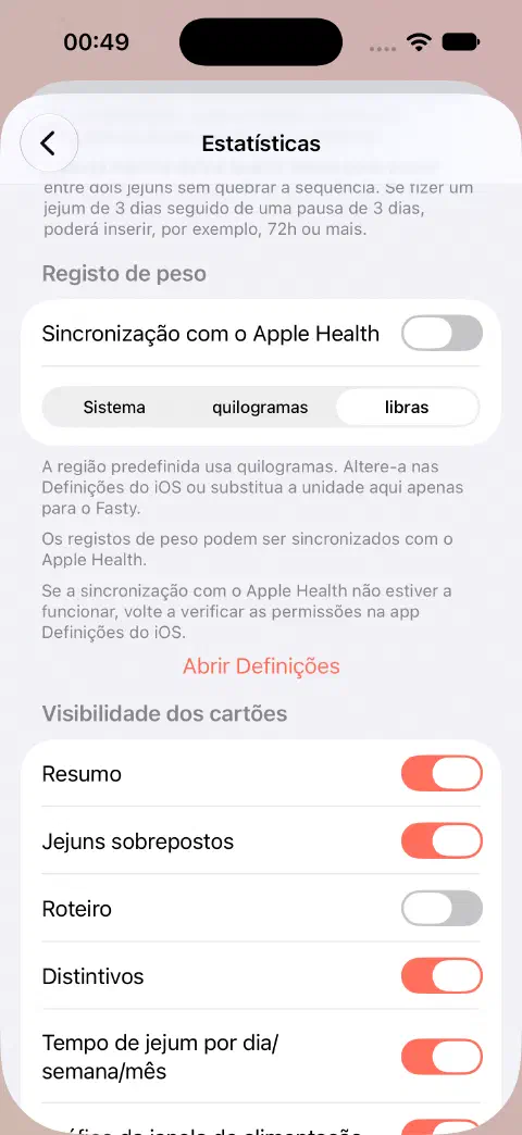 Definições de estatísticas com Sincronização com o Apple Health desativada e libras selecionadas em vez de Sistema ou quilogramas.