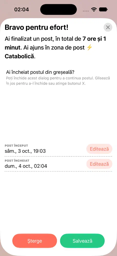 O înregistrare de post încheiat pregătită pentru salvare, cu butoane separate de editare pentru începutul și sfârșitul postului.