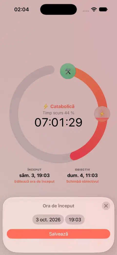 Temporizator de post activ cu editorul orei de început, comanda datei și orei și butonul de salvare.