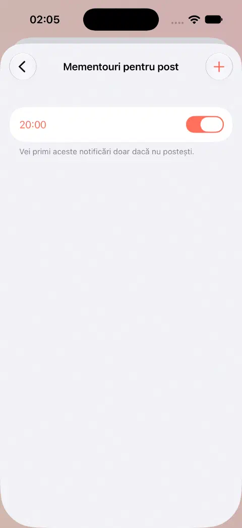 Mementouri de post cu un memento zilnic activat la 20:00 și explicația că notifică doar când nu ții post.