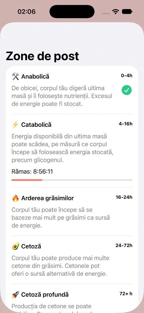 Panoul zonelor de post cu nume de zone, intervale de timp estimate, explicații și bara de progres a timpului rămas pentru zona actuală.