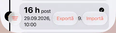 Bara de instrumente de jos a istoricului posturilor, cu butonul de filtrare cu trei linii în stânga și exportul și importul în dreapta.