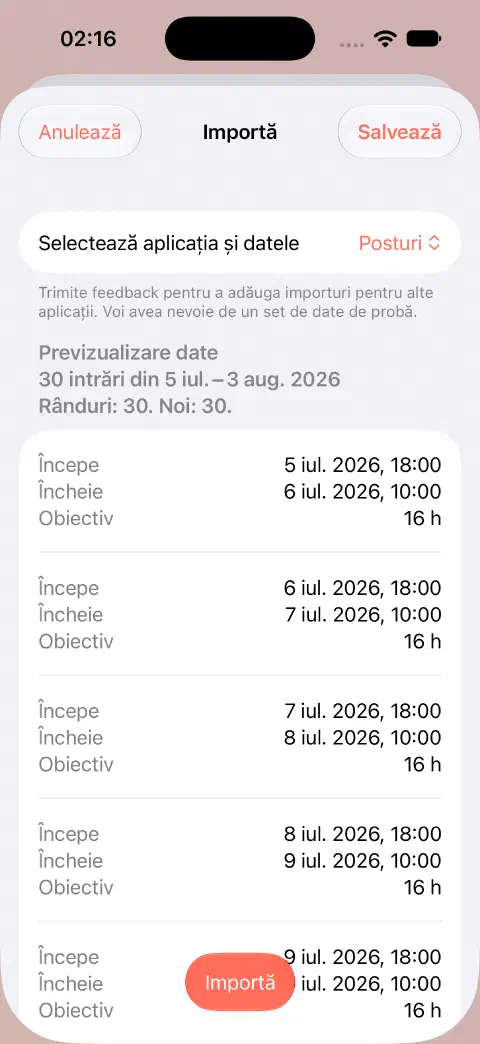 Previzualizare de import CSV Fasty cu 30 de rânduri, 30 de intrări noi și valorile de început, sfârșit și obiectiv ale primelor înregistrări înainte de salvare.