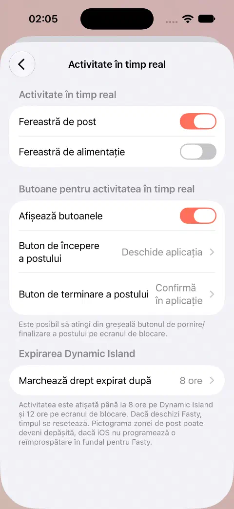Configurări ale activității live cu comutatoare separate pentru post și alimentație, opțiuni de comportament al butoanelor și configurări de expirare Dynamic Island.