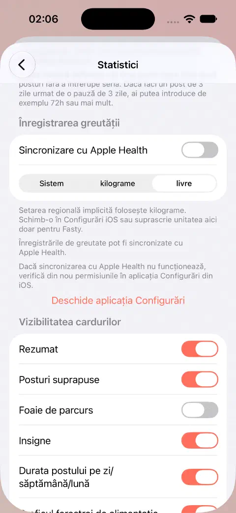 Configurări Statistici cu sincronizarea Sănătate Apple dezactivată și livre selectate în locul sistemului sau kilogramelor.