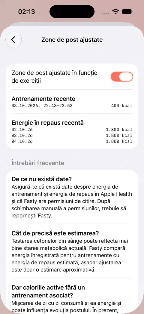 Zone de post ajustate activate, cu un antrenament demonstrativ de 400 kcal și valori recente de energie de repaus listate dedesubt.