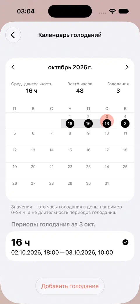 Октябрьский календарь голоданий с выбранным днём и его завершённым голоданием в списке ниже.