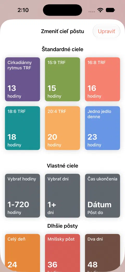 Zmena cieľa pôstu so štandardnými trvaniami a ovládaním výberu hodín, dní a času konca.