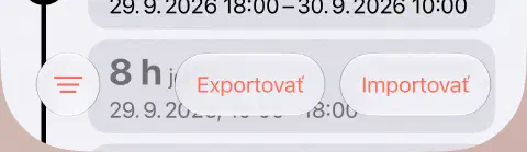 Spodný panel histórie pôstov s trojčiarovým tlačidlom filtra vľavo a exportom a importom vpravo.