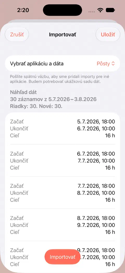 Náhľad importu Fasty CSV súboru s 30 riadkami, 30 novými položkami a hodnotami začiatku, konca a cieľa prvých záznamov pred uložením.
