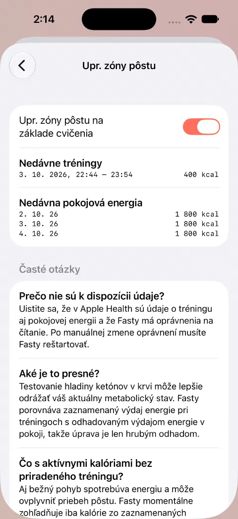 Zapnuté upravené zóny pôstu s ukážkovým tréningom 400 kcal a nedávnymi hodnotami pokojovej energie uvedenými pod ním.