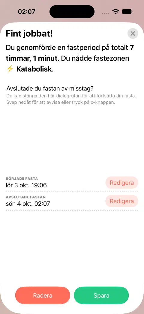 En avslutad fastepost redo att sparas, med separata Redigera-knappar vid Började fasta och Avslutade fastan.