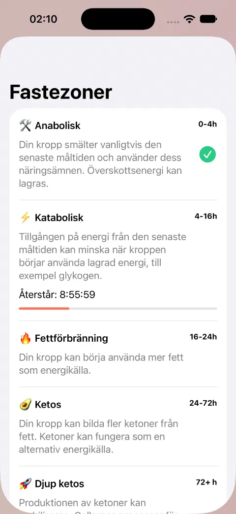 Fastezoner med zonnamn, uppskattade tidsintervall, förklaringar och förloppsindikator för återstående tid i aktuell zon.