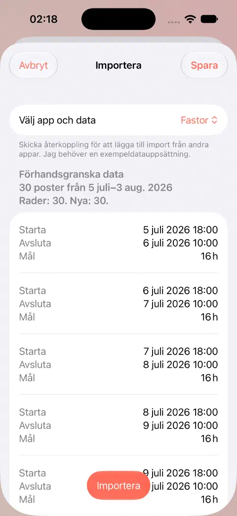 Förhandsvisning av en Fasty-CSV-import med 30 rader, 30 nya poster och de första posternas start-, slut- och målvärden innan de sparas.