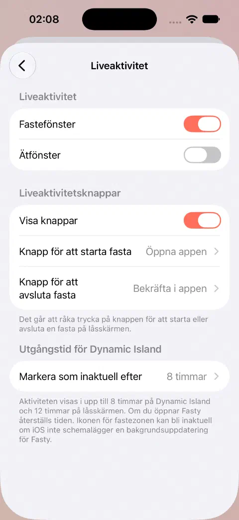 Inställningar för Liveaktivitet med separata reglage för fasta och ätande, alternativ för knappbeteende och inställningar för när visningen i Dynamic Island ska upphöra.