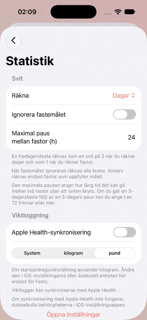 Statistikinställningar med Apple Health-synkronisering av och pund valt i stället för System eller kilogram.