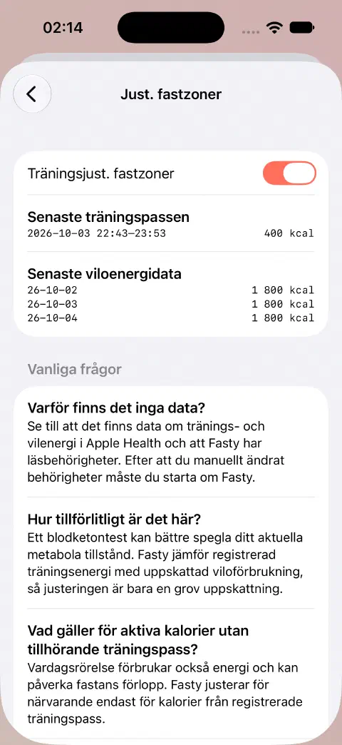 Träningsjusterade fastezoner på, med ett exempelpass på 400 kcal och senaste viloenergivärden listade nedanför.