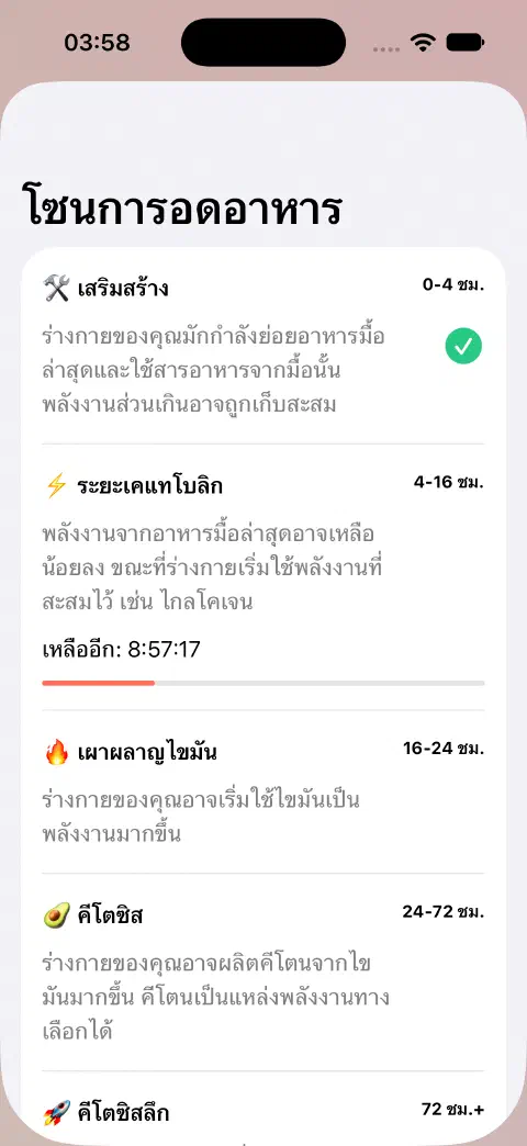 หน้าโซนการอดอาหารพร้อมชื่อโซน ช่วงเวลาประมาณ คำอธิบาย และแถบความคืบหน้าเวลาที่เหลือของโซนปัจจุบัน