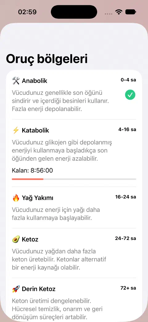 Bölge adlarını, tahmini zaman aralıklarını, açıklamaları ve geçerli bölgenin kalan süre ilerleme çubuğunu içeren oruç bölgeleri paneli.