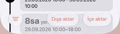 Solda üç çizgili filtre düğmesi ve sağda dışa ve içe aktarma düğmeleriyle oruç geçmişinin alt araç çubuğu.
