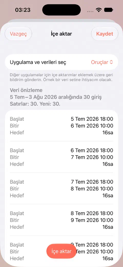 Kaydetmeden önce 30 satır, 30 yeni giriş ve ilk kayıtların başlangıç, bitiş ve hedef değerlerini gösteren Fasty CSV içe aktarma önizlemesi.