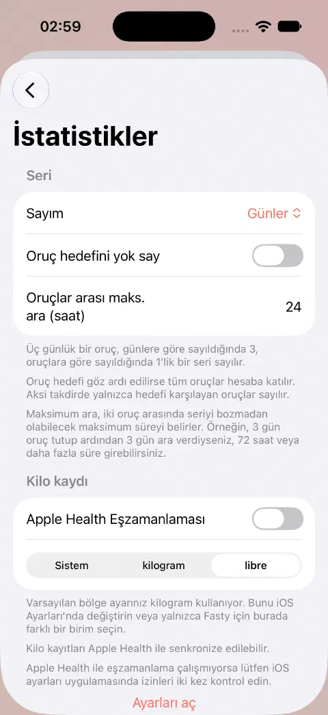 Apple Sağlık eşzamanlaması kapalı ve Sistem veya kilogram yerine libre seçili olan İstatistikler ayarları.