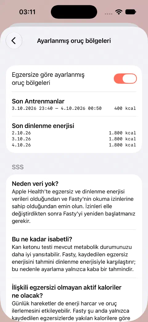Ayarlanmış oruç bölgeleri açık; altında örnek bir 400 kcal antrenman ve yakın tarihli dinlenme enerjisi değerleri listeleniyor.