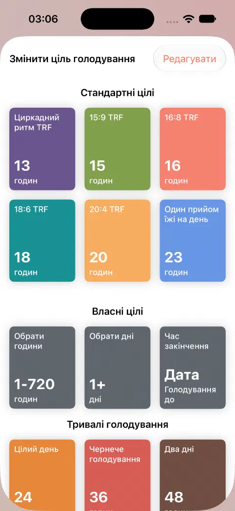 Зміна цілі голодування зі стандартними тривалостями та елементами вибору годин, днів і часу завершення.
