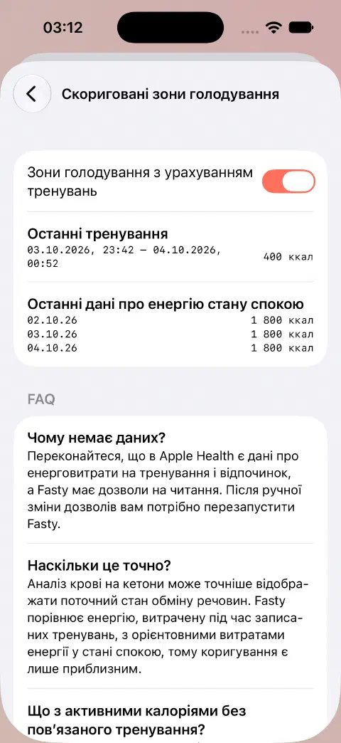 Увімкнені скориговані зони голодування з демонстраційним тренуванням на 400 ккал та недавніми значеннями енергії спокою нижче.