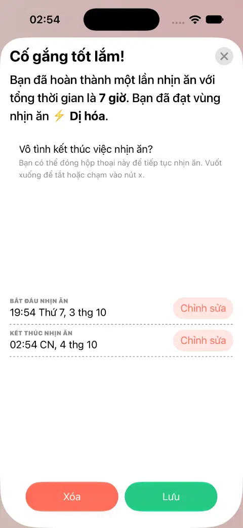 Bản ghi lần nhịn ăn đã hoàn tất sẵn sàng lưu, với các nút Chỉnh sửa riêng cho Bắt đầu nhịn ăn và Kết thúc nhịn ăn.