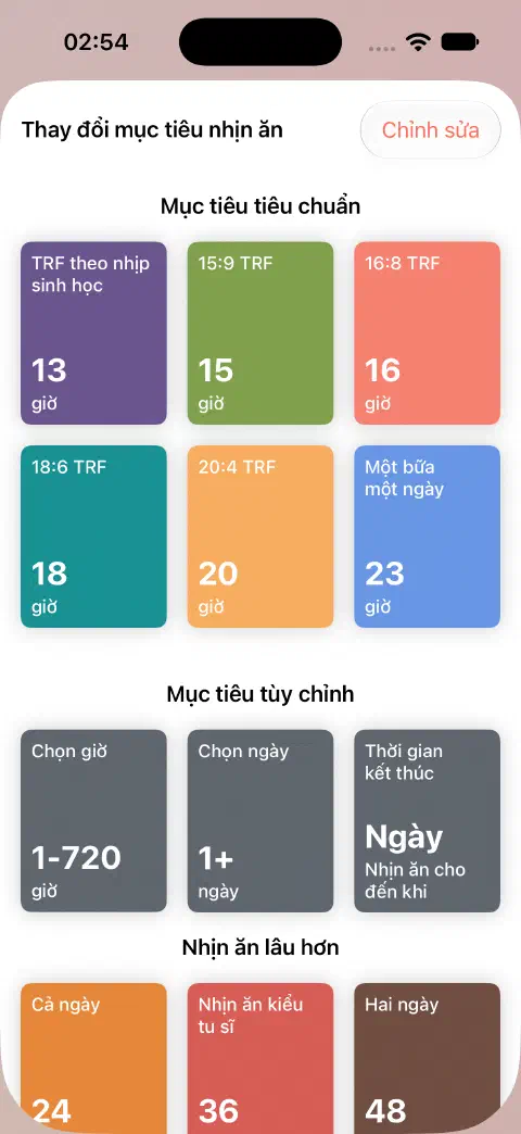 Thay đổi mục tiêu nhịn ăn với thời lượng tiêu chuẩn cùng các điều khiển Chọn giờ, Chọn ngày và Thời gian kết thúc.