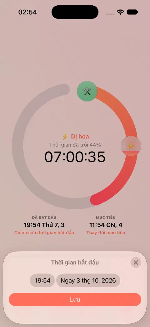Bộ đếm giờ nhịn ăn đang chạy với trình sửa thời gian bắt đầu, điều khiển ngày giờ và nút Lưu.