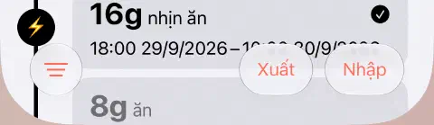 Thanh công cụ dưới cùng của lịch sử nhịn ăn, với nút Bộ lọc ba đường ở bên trái và Xuất cùng Nhập ở bên phải.