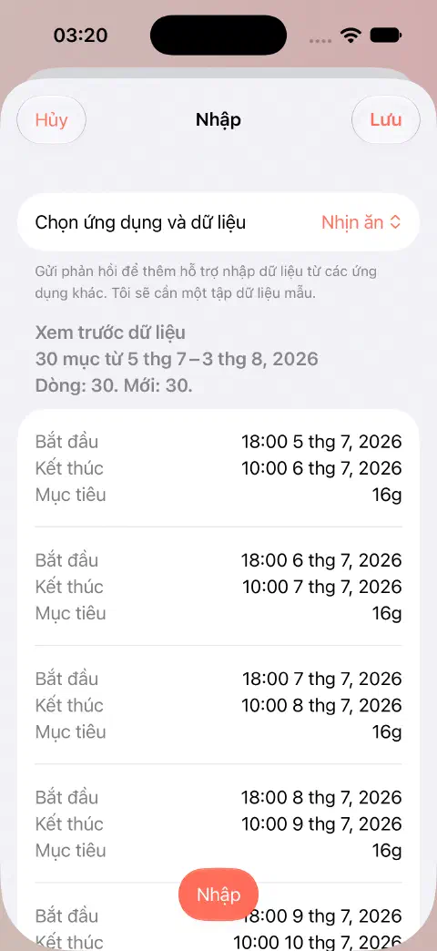 Bản xem trước nhập CSV Fasty hiển thị 30 hàng, 30 mục mới và các giá trị bắt đầu, kết thúc cùng mục tiêu của những bản ghi đầu tiên trước khi lưu.