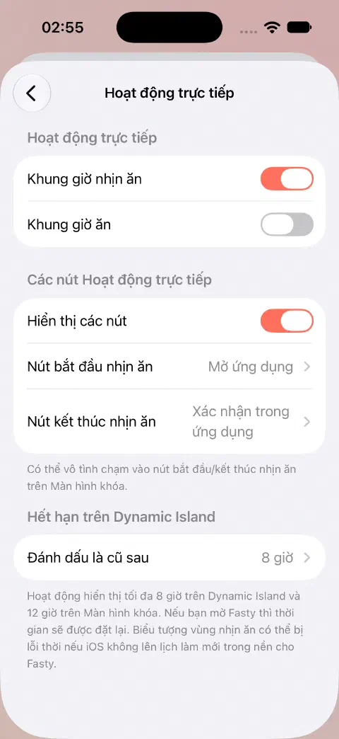 Cài đặt Hoạt động trực tiếp với công tắc nhịn ăn và ăn riêng, lựa chọn hành vi nút cùng cài đặt hết hạn hiển thị Dynamic Island.