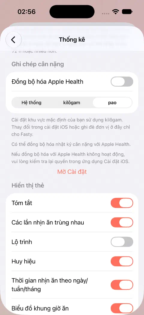 Cài đặt Thống kê hiển thị Đồng bộ hóa Apple Health tắt và pao được chọn thay cho Hệ thống hoặc kilôgam.