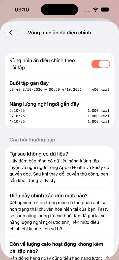 Vùng nhịn ăn điều chỉnh được bật, với bài tập minh họa 400 kcal và giá trị năng lượng nghỉ ngơi gần đây bên dưới.